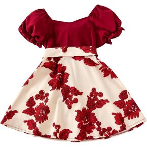 Toddler Baby Girls Flower Print Dress Bubble Sleeve Patchwork Tie Straps Sundress Birthday Party Dresses