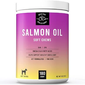 Salmon Oil Bites for Dog Skin and Coat - Supplement Supports Healthy Skin & Glossy Coat - Enhanced with DHA, EPA, Omega-3 & Omega-6 - for Dogs & Cats - 180 Soft Chews - Made in USA in Kuwait