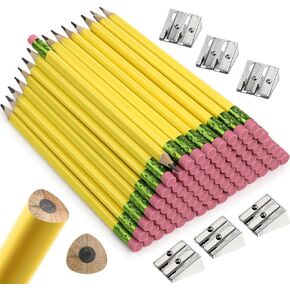 Fainne 102 Pcs Bulk Jumbo Pencils and Sharpeners Set, Large Fat Pencils Thick Giant Big Pencils with Erasers for Kids Beginners Preschoolers Kindergarten School Office(Yellow, Round)