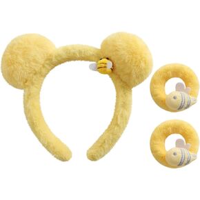 Bear Ears Headband with 2PC Hair Ties Yellow Plush Bee Women Girls Costume Accessories