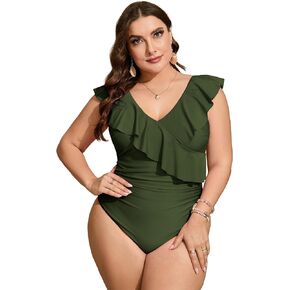 Women’s One Piece Plus Size Swimsuit Cross Ruffled V-Neck Abdominal Fold Swimwear Double Shoulder Holiday Leisure Swimsuit