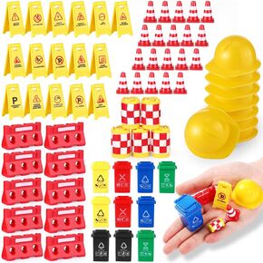 HyDren 81 Pcs Mini Traffic Signs for Kids Road Street Signs Playset Plastic Mini Construction Toy Traffic Cone Garbage Can Helmet Barrel Roadblock Safety Education Toy for Boys Girls