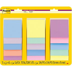 Post-it Super Sticky Notes, 3x3 in, Assorted Pastel Colors, 15 Pads, 2X The Sticking Power, Recyclable (654-15SSPS)