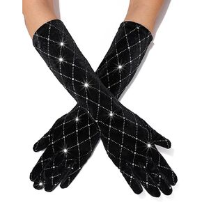 Glitter Rhinestone Finger Gloves Black Long Arm Glove Velvet Event Accessories for Women