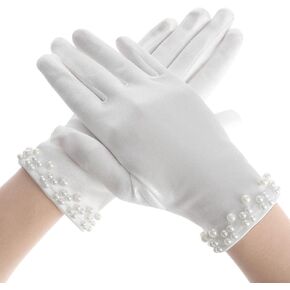 White Gloves Women Pearl Short Satin Gloves White Women's Uniform Gloves Wedding Tuxedo Gloves for 1920s Fashion Accessories Floral Tea Party