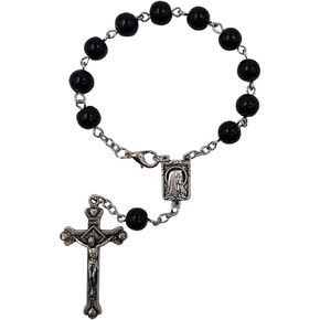 One Decade Auto Rosary for Rearview Mirror Black Pearl Glass Beads Catholic Bracelet Our Lady of Lourdes Centerpiece Religious Gift Car Truck Travel Protection