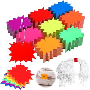 1000 Sets Price Tags with String 2.8 x 3.5 Inch Starburst Price Tags Paper Writable Blank Fluorescent Hang Label with Snap Pin Loop Fastener Nylon Strings for Retail Store Clothing