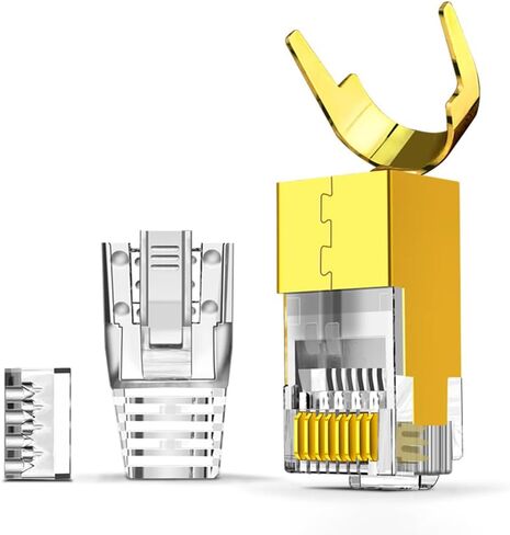 CAT7 CAT6A موصل RJ45 محمي 30 حزمة، غير تمر عبر المقابس المعيارية المحمية للكابل السميك، 50u إيثرنت مطلي بالذهب ينتهي مع أحذية تخفيف الضغط in Kuwait