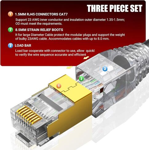 CAT7 CAT6A موصل RJ45 محمي 30 حزمة، غير تمر عبر المقابس المعيارية المحمية للكابل السميك، 50u إيثرنت مطلي بالذهب ينتهي مع أحذية تخفيف الضغط in Kuwait