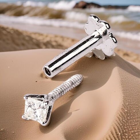 Princess Cut Diamond Nose Stud with 6 mm Internally Threaded 14K White Gold Screw Post also Lip Labret Monroe Ring in Saudi Arabia