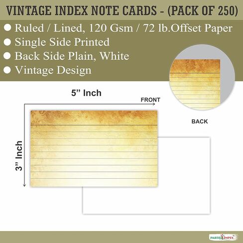 PARTH IMPEX Ruled Lined Vintage Index Note Cards, 250 Count Single Side Printed White Back 3" x 5" for Studying Home and Office Flashcards, 120 Gsm Offset Paper Flash Cards in Saudi Arabia