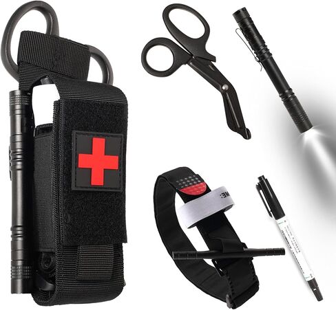 مجموعة أكياس عاصبة تكتيكية مع عاصبة ومقص وقلم رصاص ومجموعة الحقيبة التكتيكية للإسعافات الأولية في حالات الطوارئ، مناسبة للأنشطة الخارجية (أسود) in Kuwait