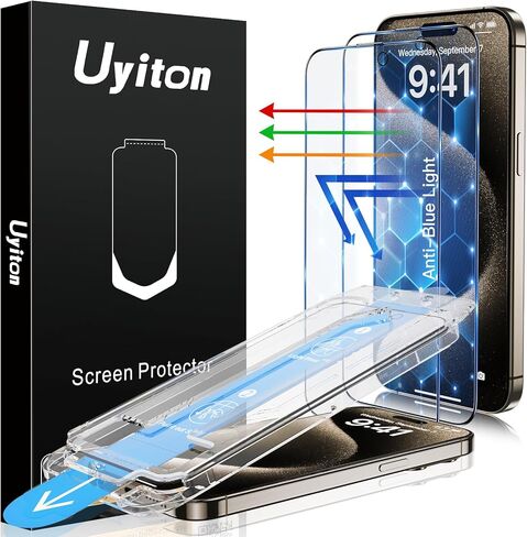 واقي شاشة Uyiton 3RD Gen مضاد للضوء الأزرق لهاتف iPhone 15 Pro Max، [سهل الملاءمة] تغطية كاملة مقاومة للكسر ومضادة للوهج [صديق للحافظة] واقي شاشة iPhone 15 Pro Max من الزجاج المقوى 9H، عبوتان in Kuwait
