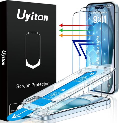 Uyiton 3RD Gen Anti-Blue Light Screen Protector for iPhone 15 Pro Max, [Easy Fit] Shatterproof Anti-Glare Full Coverage [Case Friendly] 9H Tempered Glass iPhone 15 Pro Max Screen Protector, 2 Pack in Saudi Arabia