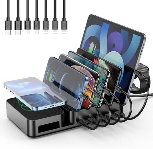 Charging Station for Multiple Devices,75W 5 Ports Wireless Charging Station with PD 20W USB-C & QC 3.0,7 Short Charging Cables Included for iPhone iPad,Tablets in Saudi Arabia