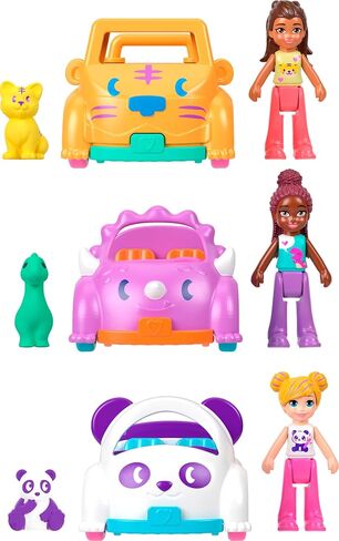 Polly Pocket Dolls & Vehicles 3-Pack, Set with with 3 Micro Dolls, 3 Pets & 3 Die-Cast Toy Cars with Animal Theme Including Dino, Lion & Panda in Saudi Arabia