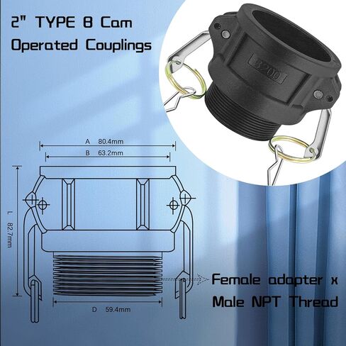 قطعتان من تركيبات قفل الكاميرا من مادة البولي بروبيلين، تركيبات قفل كامة من البلاستيك بولي بروبلين من النوع B وخرطوم الأخدود، 2 بوصة أنثى × 2 بوصة موصل اقتران قفل كامة ذكر (2 بوصة) in Kuwait