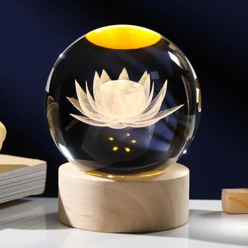3D Engraving Lotus Flower Figurine Crystal Ball with Wooden Light Base, Lotus Flower Crystal Ball Lamp Home Decor, Crystal Lotus Flower Gifts for Women Decorative Glass Ball Paperweight in Saudi Arabia