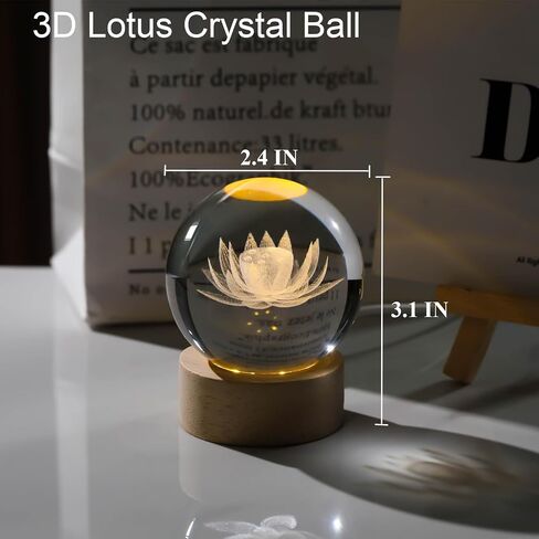 3D Engraving Lotus Flower Figurine Crystal Ball with Wooden Light Base, Lotus Flower Crystal Ball Lamp Home Decor, Crystal Lotus Flower Gifts for Women Decorative Glass Ball Paperweight in Saudi Arabia