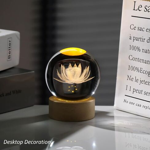 3D Engraving Lotus Flower Figurine Crystal Ball with Wooden Light Base, Lotus Flower Crystal Ball Lamp Home Decor, Crystal Lotus Flower Gifts for Women Decorative Glass Ball Paperweight in Saudi Arabia