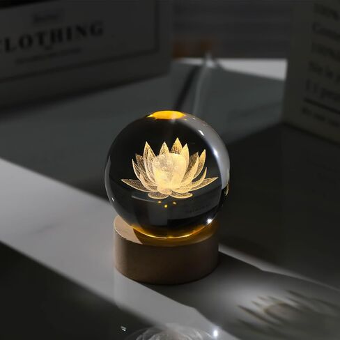 3D Engraving Lotus Flower Figurine Crystal Ball with Wooden Light Base, Lotus Flower Crystal Ball Lamp Home Decor, Crystal Lotus Flower Gifts for Women Decorative Glass Ball Paperweight in Saudi Arabia