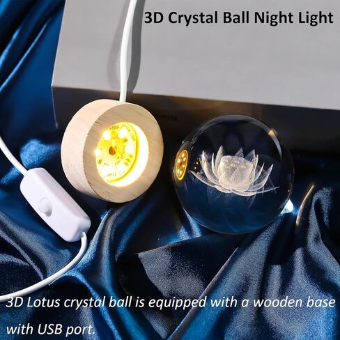 3D Engraving Lotus Flower Figurine Crystal Ball with Wooden Light Base, Lotus Flower Crystal Ball Lamp Home Decor, Crystal Lotus Flower Gifts for Women Decorative Glass Ball Paperweight in Saudi Arabia