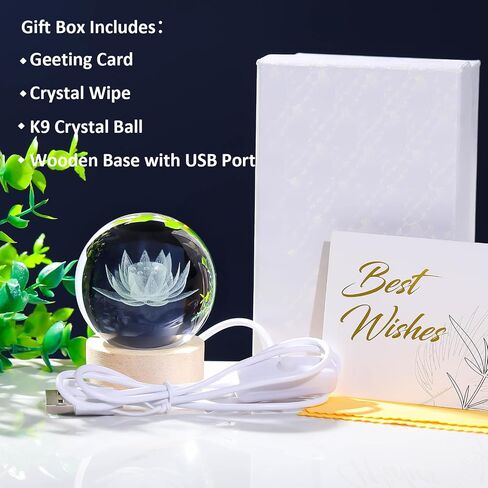 3D Engraving Lotus Flower Figurine Crystal Ball with Wooden Light Base, Lotus Flower Crystal Ball Lamp Home Decor, Crystal Lotus Flower Gifts for Women Decorative Glass Ball Paperweight in Saudi Arabia