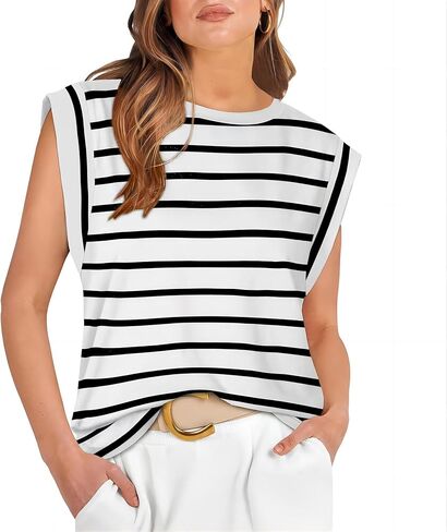 Cap Sleeve Tops for Women Summer Top Striped Basic Tee Shirts Casual Tank Blouse Loose Fit 2024 Fashion in Saudi Arabia