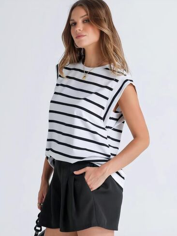 Cap Sleeve Tops for Women Summer Top Striped Basic Tee Shirts Casual Tank Blouse Loose Fit 2024 Fashion in Saudi Arabia