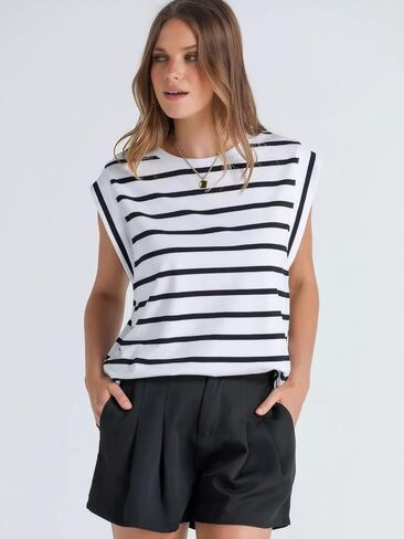 Cap Sleeve Tops for Women Summer Top Striped Basic Tee Shirts Casual Tank Blouse Loose Fit 2024 Fashion in Saudi Arabia