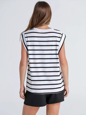 Cap Sleeve Tops for Women Summer Top Striped Basic Tee Shirts Casual Tank Blouse Loose Fit 2024 Fashion in Saudi Arabia