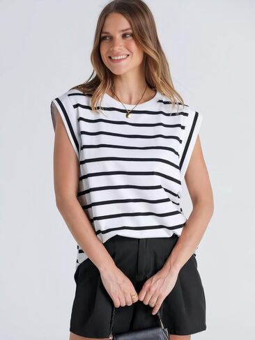 Cap Sleeve Tops for Women Summer Top Striped Basic Tee Shirts Casual Tank Blouse Loose Fit 2024 Fashion in Saudi Arabia