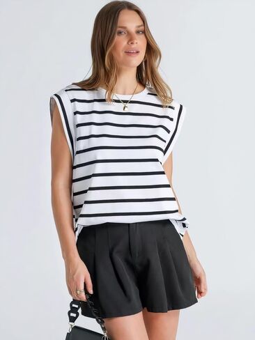 Cap Sleeve Tops for Women Summer Top Striped Basic Tee Shirts Casual Tank Blouse Loose Fit 2024 Fashion in Saudi Arabia