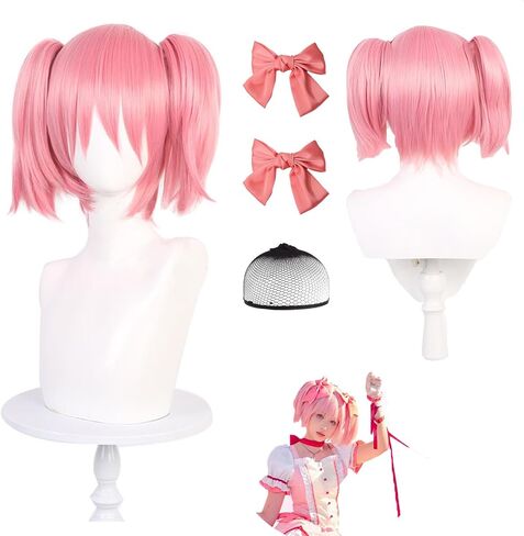 Pink Wig with Bangs12inch 2 Removable Ponytail Wigs with 2 Bow Hair Clips Pink Short Straight Cosplay Wig for Women Girl Pink with Wig Cap in Saudi Arabia