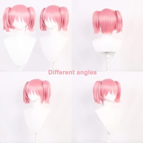 Pink Wig with Bangs12inch 2 Removable Ponytail Wigs with 2 Bow Hair Clips Pink Short Straight Cosplay Wig for Women Girl Pink with Wig Cap in Saudi Arabia