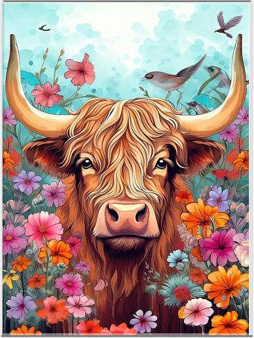 MAXBYE Highland Cattle Paint by Numbers Kit for Adults Beginner, Flowers Bullhead Paint by Numbers with Wooden Frame, Crafts for Adults for Gift Home Wall Decor 12x16inch in Saudi Arabia