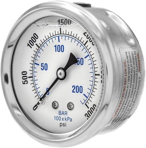 مقاييس PIC PRO-202L-254P مقياس الضغط الصناعي المملوء بالجلسرين في الخلف مع علبة SS، أجزاء داخلية من النحاس، عدسة بلاستيكية، قرص 2.5 بوصة، نطاق 0/3000 رطل لكل بوصة مربعة، 1/4 بوصة ذكر NPT in Kuwait