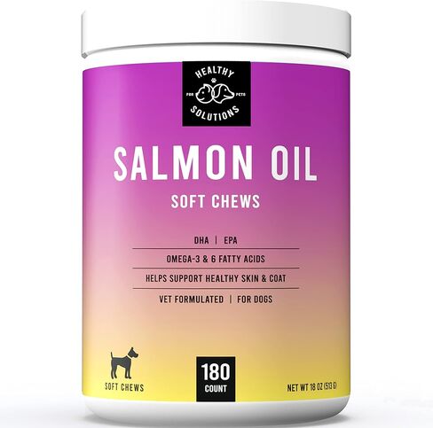 Salmon Oil Bites for Dog Skin and Coat - Supplement Supports Healthy Skin & Glossy Coat - Enhanced with DHA, EPA, Omega-3 & Omega-6 - for Dogs & Cats - 180 Soft Chews - Made in USA in Kuwait
