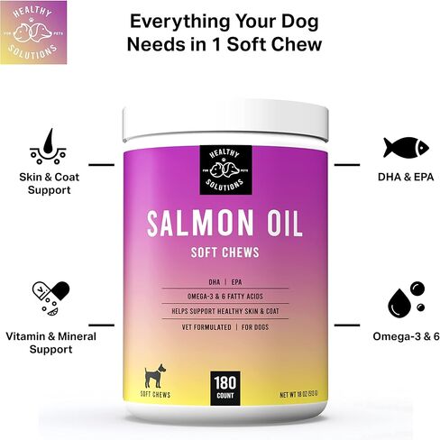 Salmon Oil Bites for Dog Skin and Coat - Supplement Supports Healthy Skin & Glossy Coat - Enhanced with DHA, EPA, Omega-3 & Omega-6 - for Dogs & Cats - 180 Soft Chews - Made in USA in Kuwait