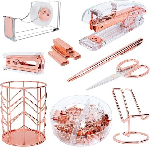 Rose Gold Office Supplies and Accessories - Cute Office Supplies for Women with Rose Gold Stapler, Tape Dispenser, Pen Holder, Scissors, Phone Holder, and More - for Stunning Rose Gold Office Decor in Saudi Arabia