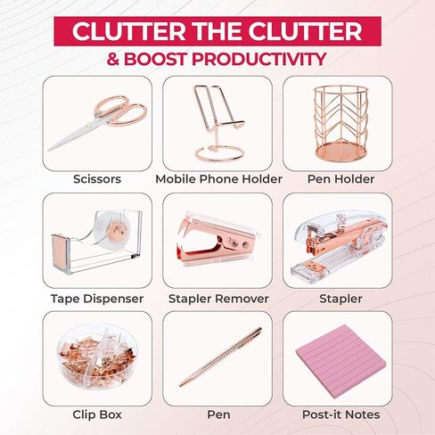 Rose Gold Office Supplies and Accessories - Cute Office Supplies for Women with Rose Gold Stapler, Tape Dispenser, Pen Holder, Scissors, Phone Holder, and More - for Stunning Rose Gold Office Decor in Saudi Arabia