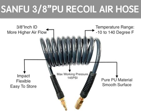 SANFU (PU) من مادة البولي يوريثين المعاد تدويرها 3/8 بوصة معرف (8 × 12 مم) × 10 أقدام، خرطوم هواء مرن، مدمج، 145 رطل لكل بوصة مربعة مع قارنة توصيل سريعة من النحاس المُعاد تجميعها وقابس، رمادي (10 بوصات) in Kuwait