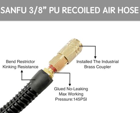 SANFU (PU) من مادة البولي يوريثين المعاد تدويرها 3/8 بوصة معرف (8 × 12 مم) × 10 أقدام، خرطوم هواء مرن، مدمج، 145 رطل لكل بوصة مربعة مع قارنة توصيل سريعة من النحاس المُعاد تجميعها وقابس، رمادي (10 بوصات) in Kuwait