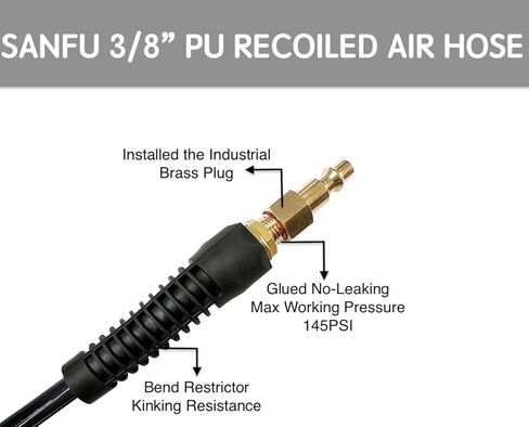 SANFU (PU) من مادة البولي يوريثين المعاد تدويرها 3/8 بوصة معرف (8 × 12 مم) × 10 أقدام، خرطوم هواء مرن، مدمج، 145 رطل لكل بوصة مربعة مع قارنة توصيل سريعة من النحاس المُعاد تجميعها وقابس، رمادي (10 بوصات) in Kuwait