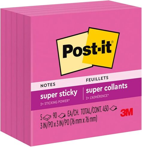 Post-it Super Sticky Notes، 5 وسادات ملاحظات لاصقة، 3 × 3 بوصة، اللوازم المدرسية، المنتجات المكتبية، ملاحظات لاصقة للأسطح الرأسية، الشاشات، الجدران والنوافذ، وردي فاتح in Saudi Arabia