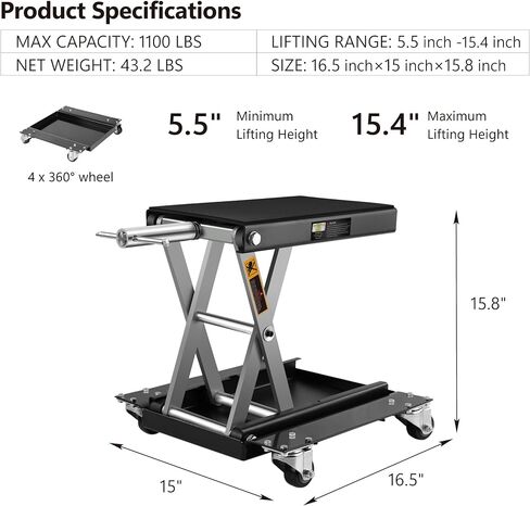 1100 رطل دراجة نارية رفع ATV مقص رفع جاك، 5.5-15.4 بوصة واسعة سطح السفينة مع دوللي وكرنك اليد وصينية أداة لدراجات الشوارع، دراجات الطراد، والدراجات النارية بجولة، أسود in Kuwait