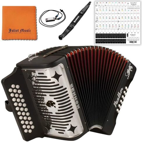 Hohner Accordions Hohner Panther F/B/E 3-Row Diatonic Accordion 3100FB - Black Bundle with Hohner Strap, Mini Harmonica, Juliet Music Polish Cloth & Piano Key Stickers in Saudi Arabia