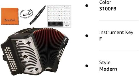 Hohner Accordions Hohner Panther F/B/E 3-Row Diatonic Accordion 3100FB - Black Bundle with Hohner Strap, Mini Harmonica, Juliet Music Polish Cloth & Piano Key Stickers in Saudi Arabia