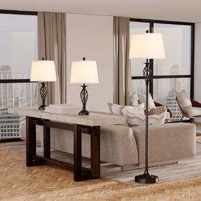 HOMCOM 3 Piece Table Floor Lamp Set with Metal Pole, Round Base, and Fabric Lampshade, for Living Room, Black/White in Saudi Arabia