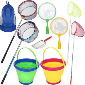 2 Pack Telescopic Kids Fishing Net with Handle, 2 Collapsible Bucket Sand Pail, Stainless Steel Foldable Fishing Net Small Fishing Butterfly Bug Net Beach Shovel with Storage Bag in Kuwait